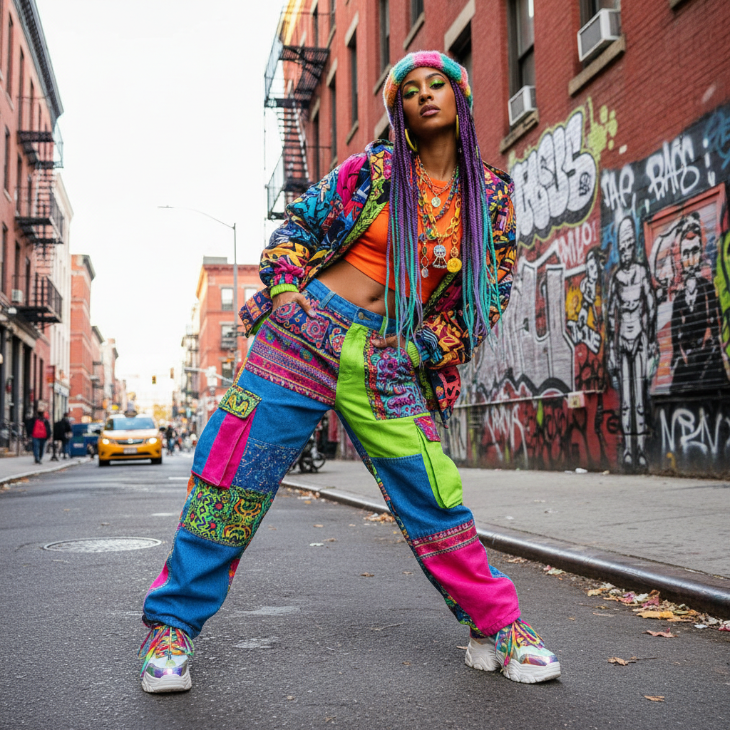 Trendy street style fashion look with colorful clothing